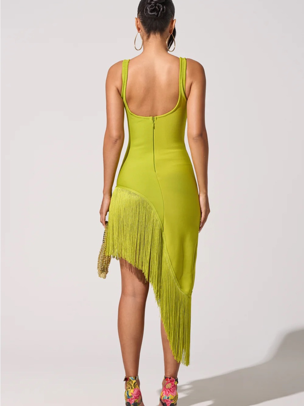 AKIRA Neon Lime Asymmetrical Fringe Mini Dress - Picture 2 of 5